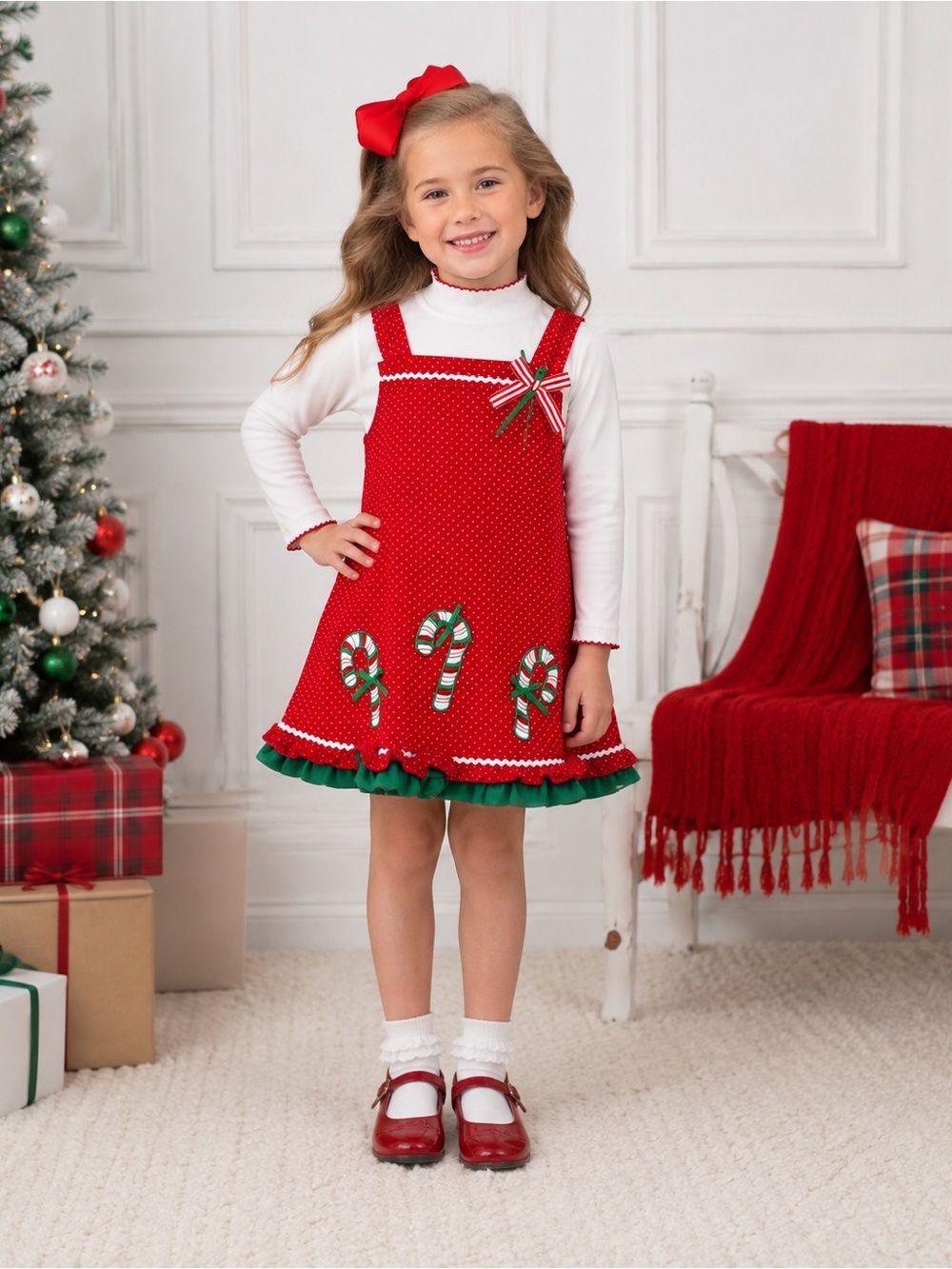 Red Polka Dot Candy Cane Holiday Dress with White Long Sleeve Top
